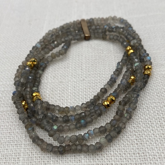 FacetedOpaque Labradorite Golden Pyrite Stretch Bracelet Average Medium - Picture 7 of 9